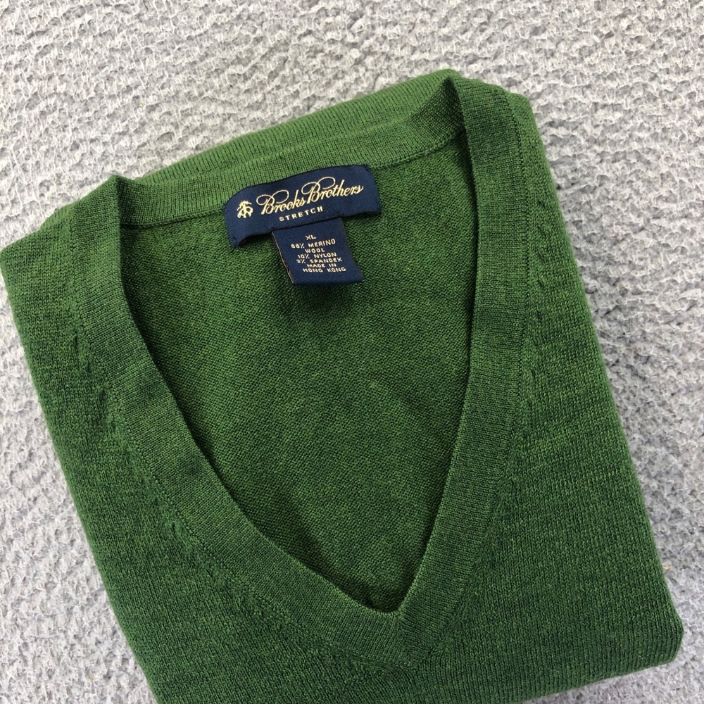 Vtg Brooks Brothers Sweater Mens Extra Large Green Merino Wool V Neck Pullover - Picture 1 of 12